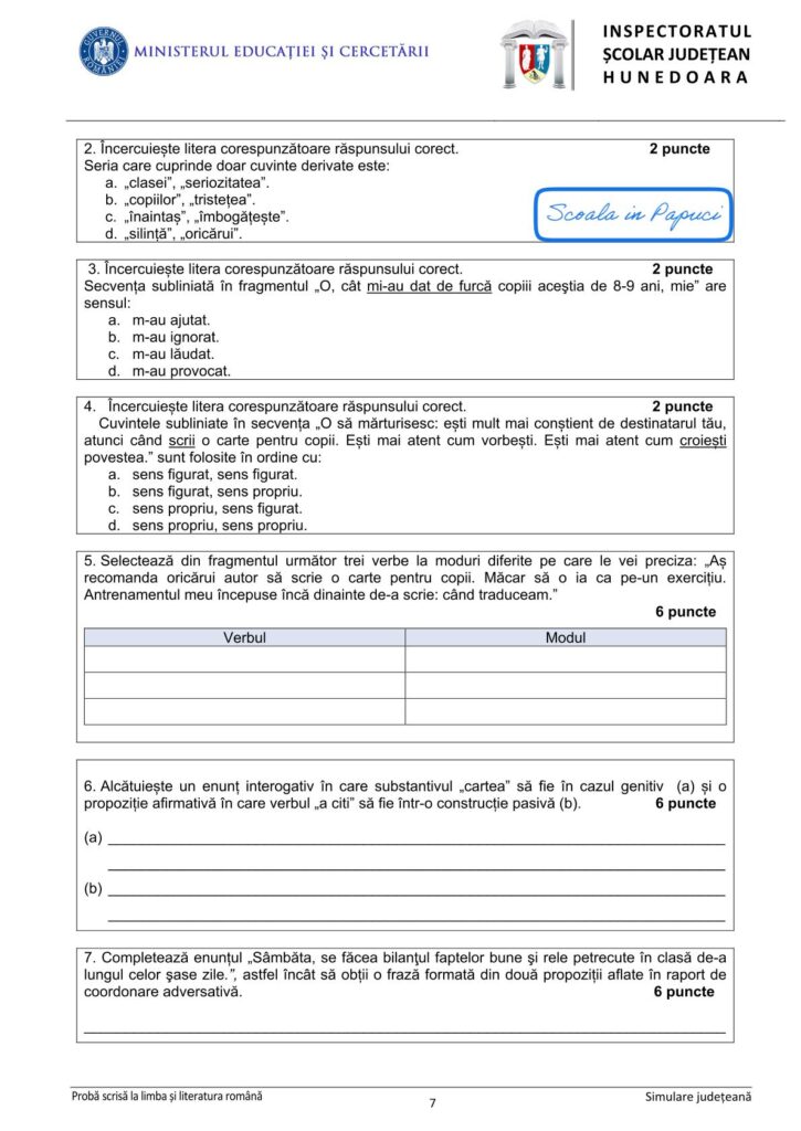 Simulare Evaluarea Națională 2026 - Limba și literatura română - 26 Ianuarie 2026 - ISJ Hunedoara 7