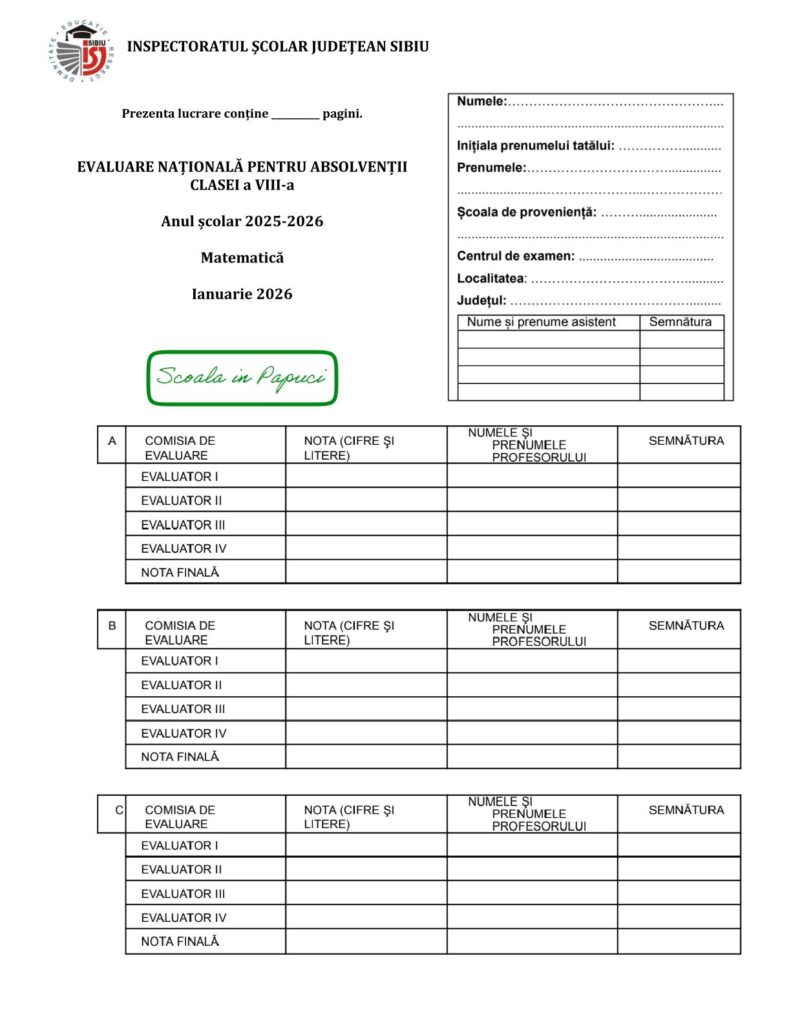 Simulare Evaluarea Națională 2026 - Matematică - 23 Ianuarie 2026 - ISJ Sibiu 1
