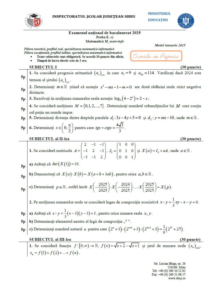 Subiect Simulare Bacalaureat 2025 - Matematică M_mate-info - 15 Ianuarie 2025 - ISJ Sibiu