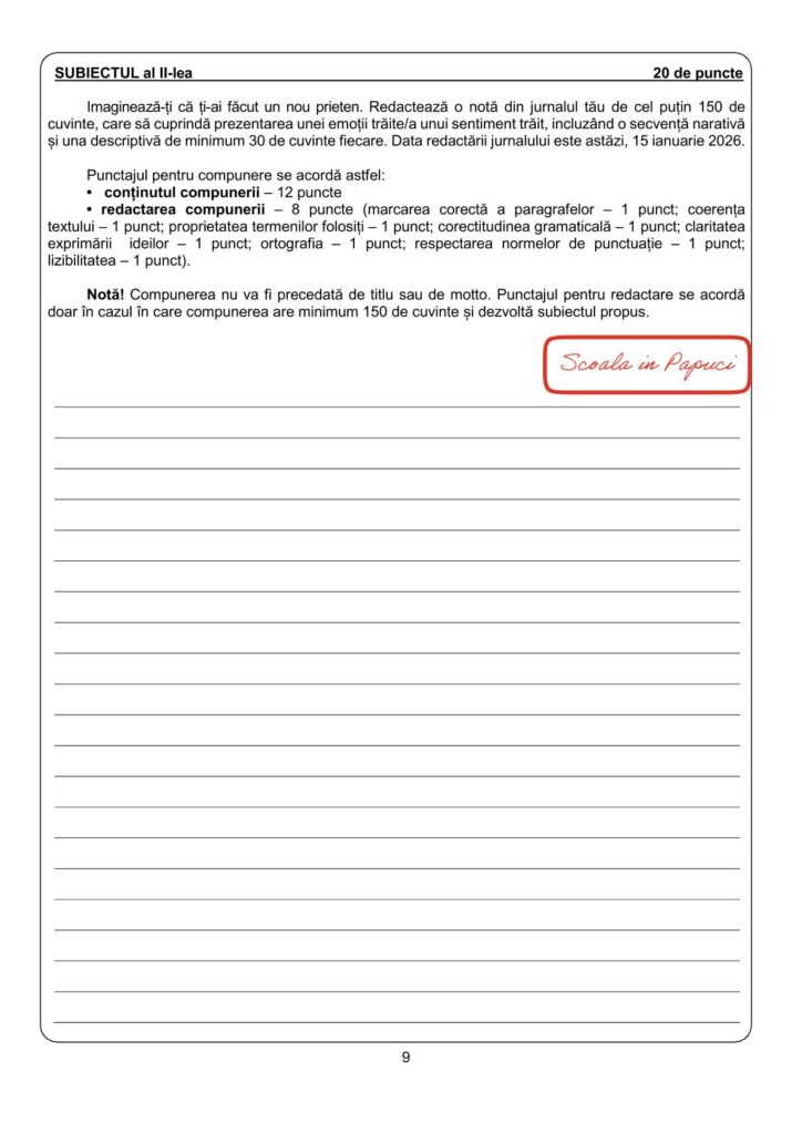Simulare Evaluarea Națională 2026 - Limba și literatura română - 15 Ianuarie 20265 - ISJ Suceava