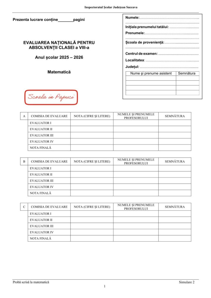 Simulare Evaluarea Națională 2026 - Matematică - 16 Ianuarie 2026 - ISJ Suceava