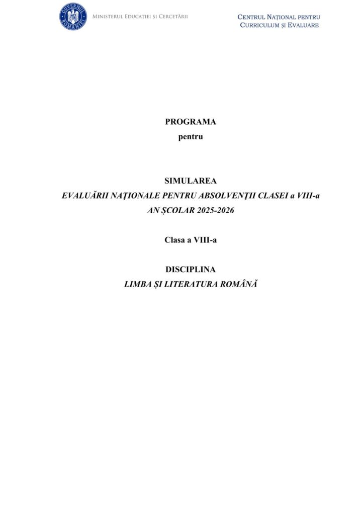 Programa oficială pentru simularea Evaluării Naționale 2026 la Limba și literatura română 1