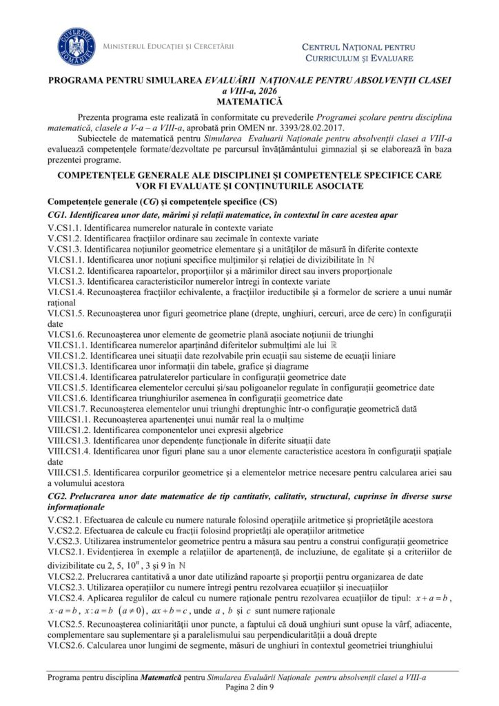 Programa oficială pentru simularea Evaluării Naționale 2026 la Matematică 2
