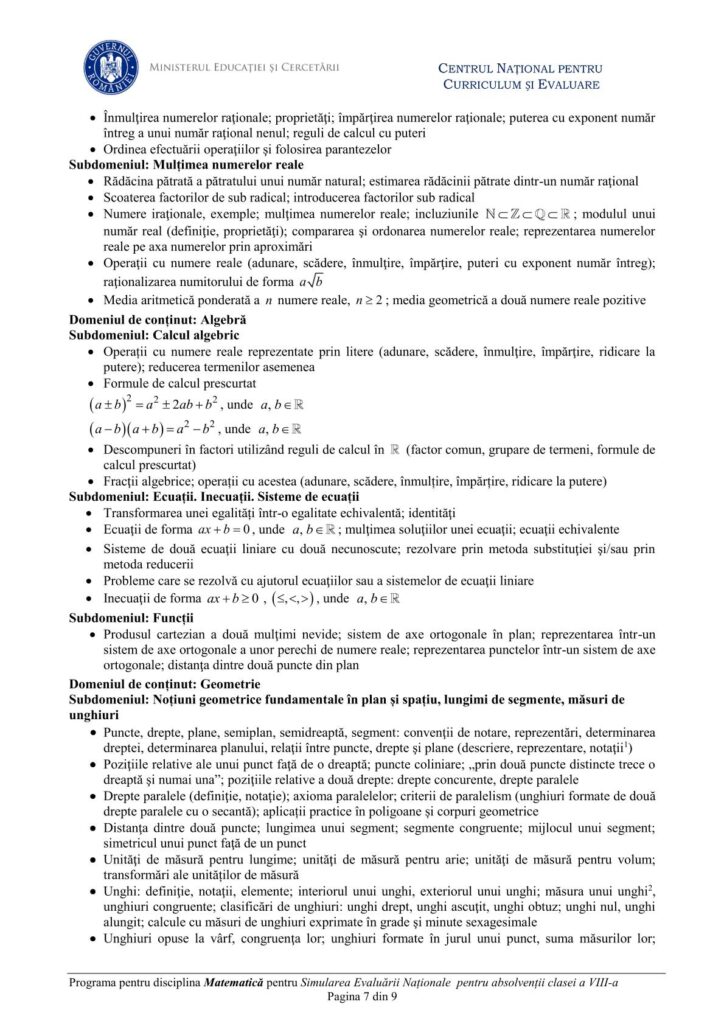 Programa oficială pentru simularea Evaluării Naționale 2026 la Matematică 7