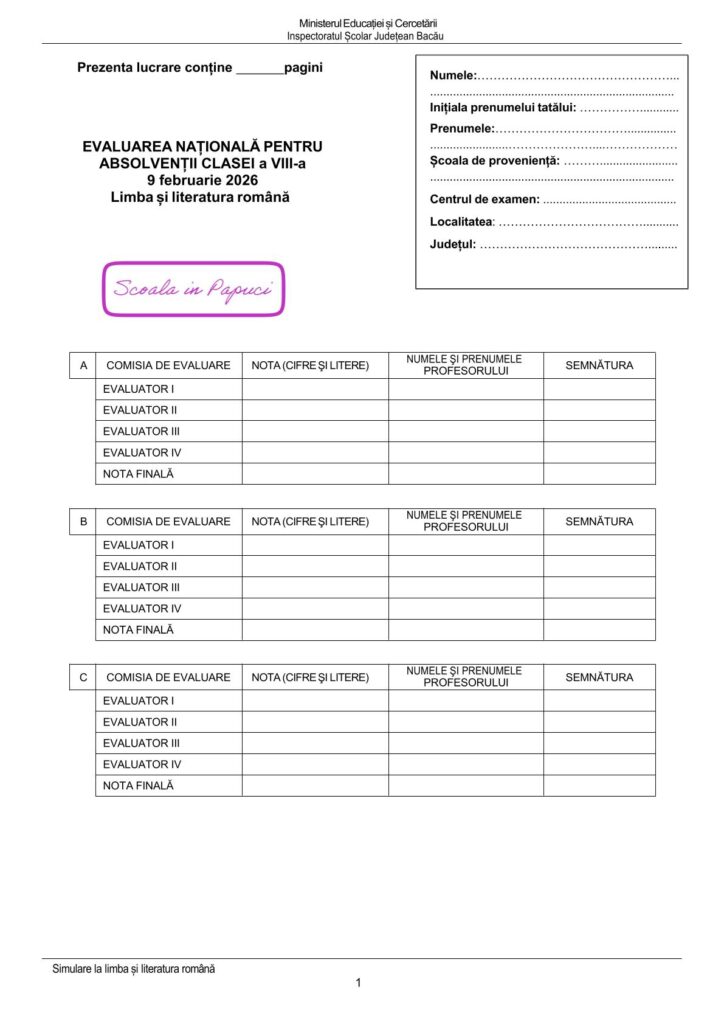 Simulare Evaluarea Națională 2026 - Limba și literatura română - 9 Februarie 2026 - ISJ Bacău P1