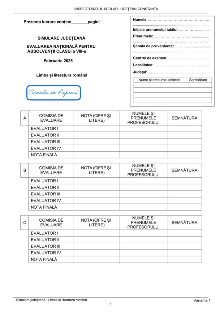 Simulare Evaluarea Națională 2025 - Limba și literatura română - Varianta 1 - 18 Februarie 2025 - ISJ Constanța 1