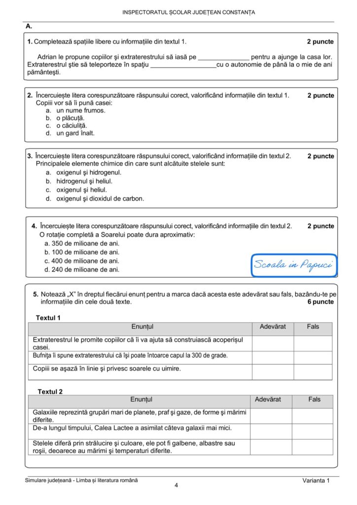 Simulare Evaluarea Națională 2025 - Limba și literatura română - Varianta 1 - 18 Februarie 2025 - ISJ Constanța 4