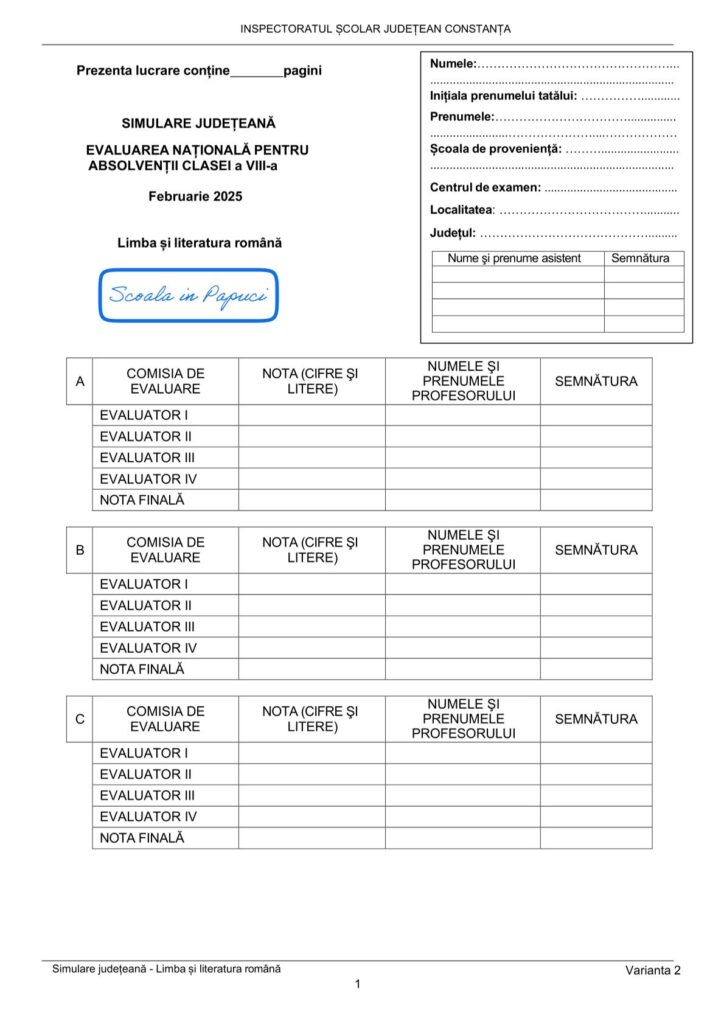 Simulare Evaluarea Națională 2025 - Limba și literatura română - Varianta 2 - 18 Februarie 2025 - ISJ Constanța 1