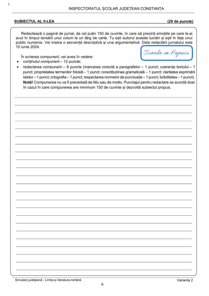 Simulare Evaluarea Națională 2025 - Limba și literatura română - Varianta 2 - 18 Februarie 2025 - ISJ Constanța 9
