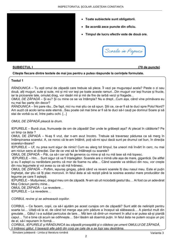Simulare Evaluarea Națională 2025 - Limba și literatura română - Varianta 3 - 18 Februarie 2025 - ISJ Constanța 2