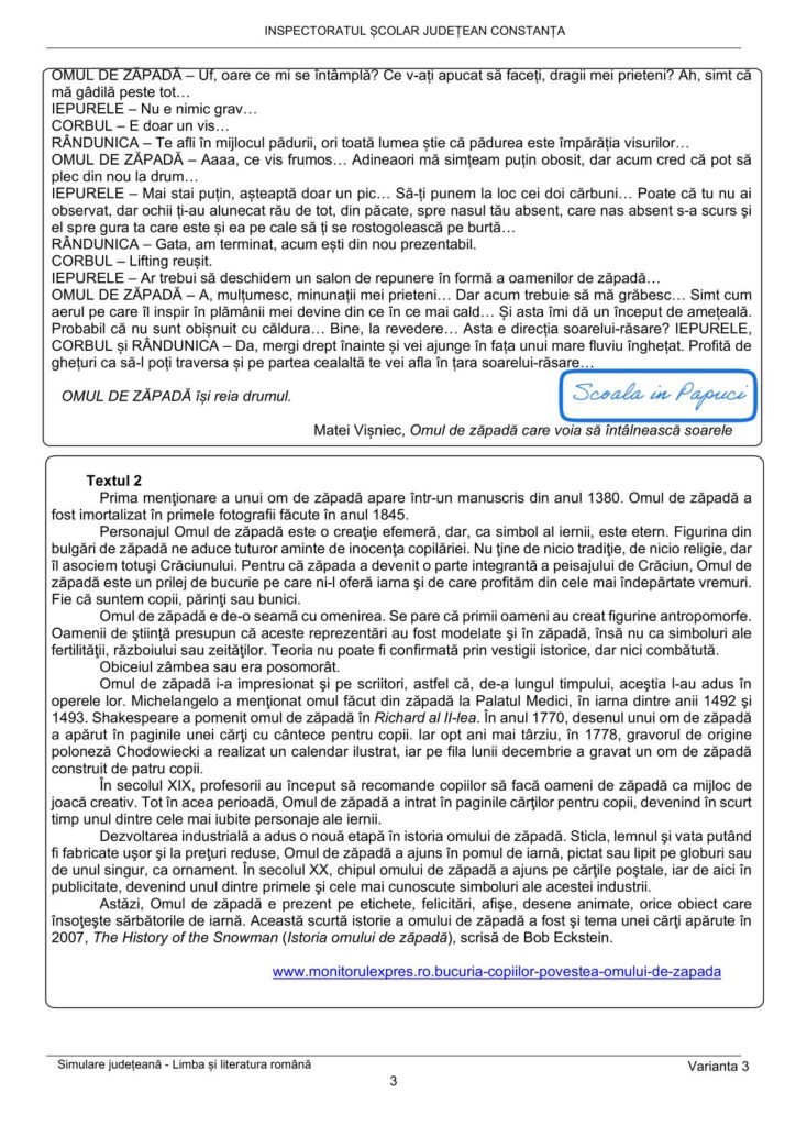 Simulare Evaluarea Națională 2025 - Limba și literatura română - Varianta 3 - 18 Februarie 2025 - ISJ Constanța 3