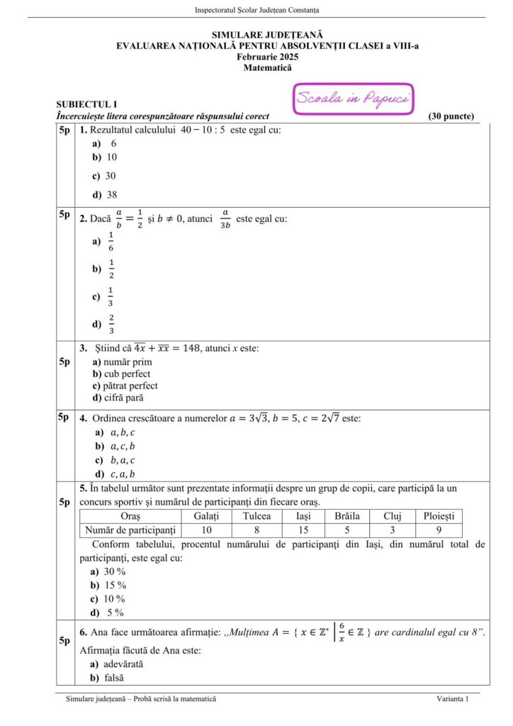 Simulare Evaluarea Națională 2025 - Matematică - Varianta 1 - 18 Februarie 2025 - ISJ Constanța 1