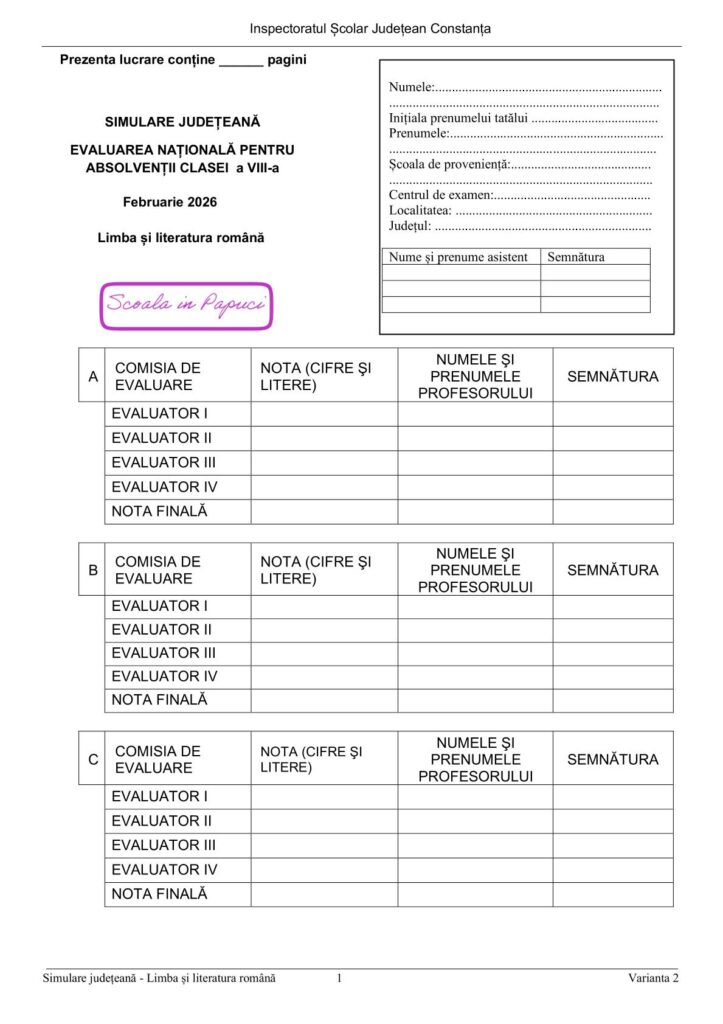 Simulare Evaluarea Națională 2026 - Limba și literatura română - 9 Februarie 2026 - ISJ Constanța P1