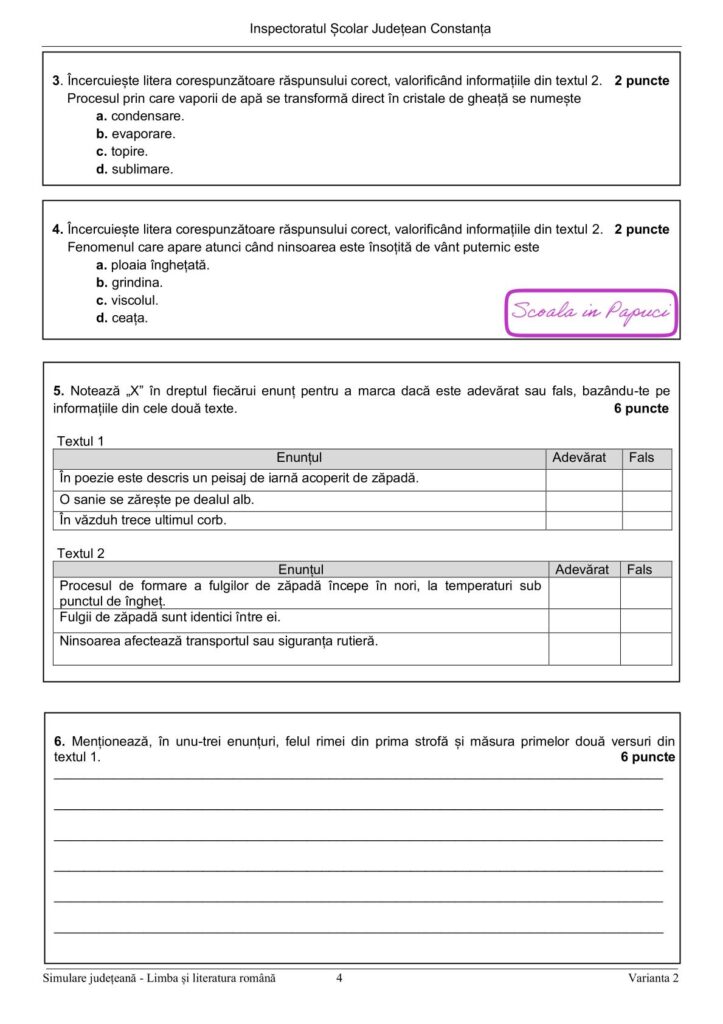 Simulare Evaluarea Națională 2026 - Limba și literatura română - 9 Februarie 2026 - ISJ Constanța P4