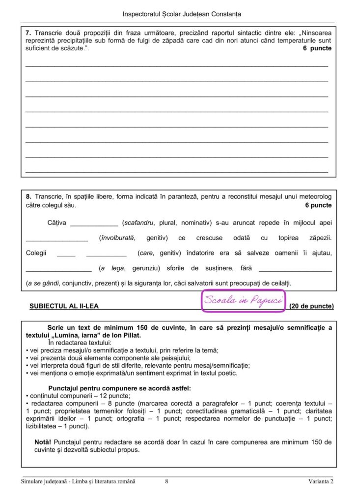 Simulare Evaluarea Națională 2026 - Limba și literatura română - 9 Februarie 2026 - ISJ Constanța P8