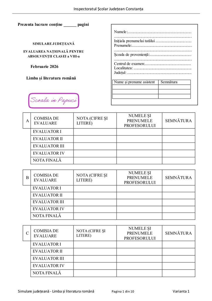 Simulare Evaluarea Națională 2026 - Limba și literatura română - Februarie 2026 - Varianta 1 - ISJ Constanța - P1