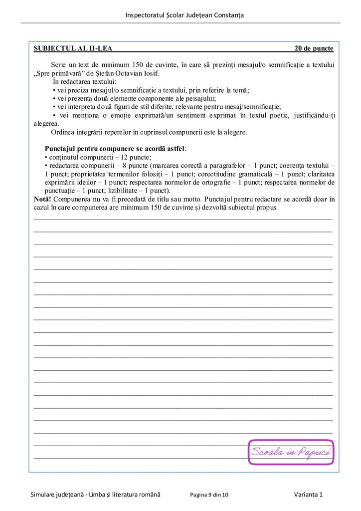 Simulare Evaluarea Națională 2026 - Limba și literatura română - Februarie 2026 - Varianta 1 - ISJ Constanța - P9