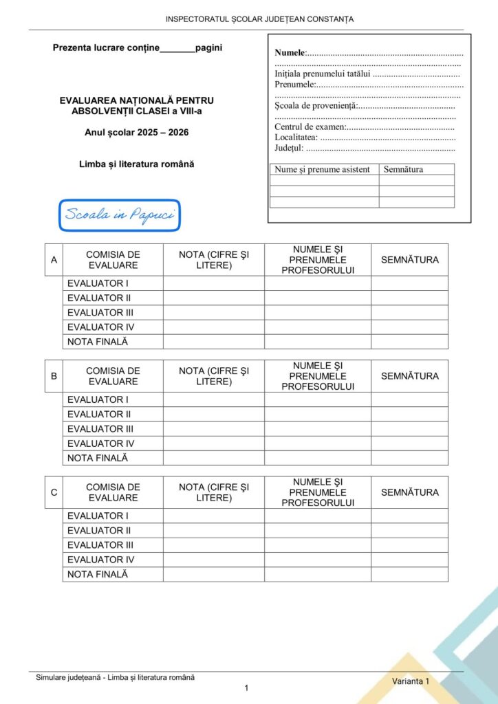 Simulare Evaluarea Națională 2026 - Limba și literatura română - Varianta 1 - 28 Ianuarie 2026 - ISJ Constanța 1