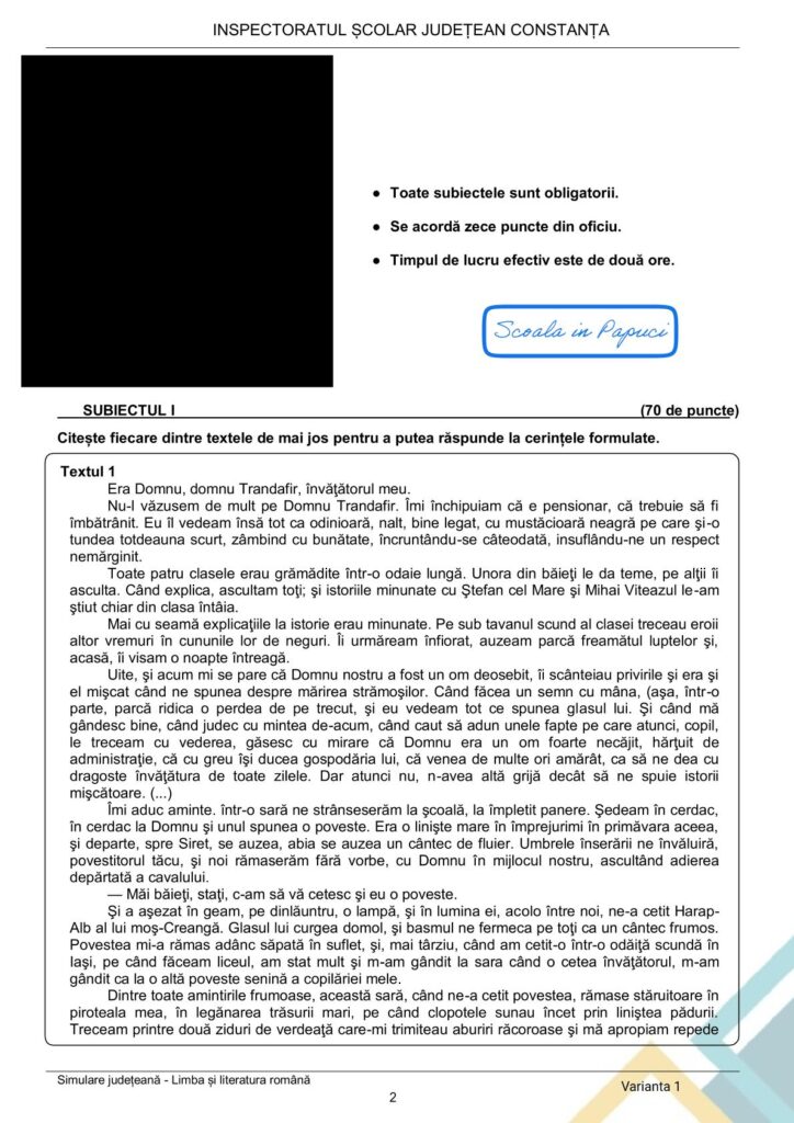 Simulare Evaluarea Națională 2026 - Limba și literatura română - Varianta 1 - 28 Ianuarie 2026 - ISJ Constanța 2