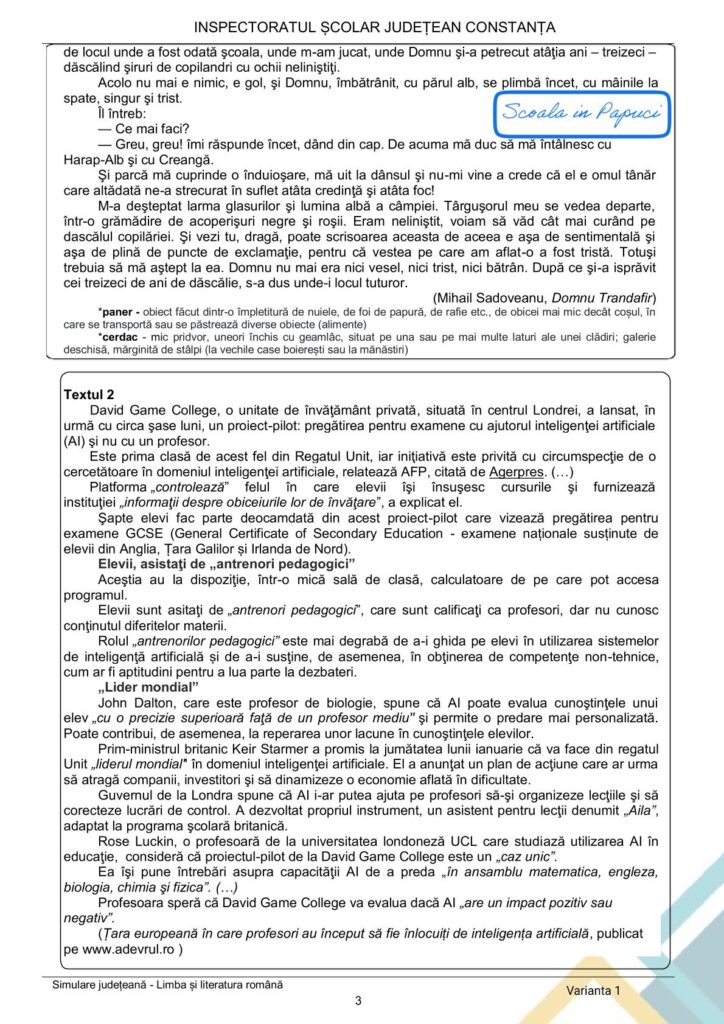 Simulare Evaluarea Națională 2026 - Limba și literatura română - Varianta 1 - 28 Ianuarie 2026 - ISJ Constanța 3