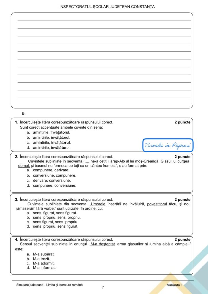 Simulare Evaluarea Națională 2026 - Limba și literatura română - Varianta 1 - 28 Ianuarie 2026 - ISJ Constanța 7