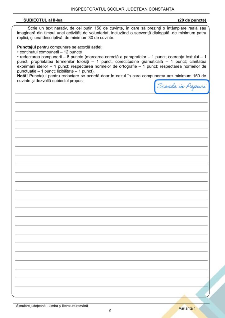 Simulare Evaluarea Națională 2026 - Limba și literatura română - Varianta 1 - 28 Ianuarie 2026 - ISJ Constanța 9