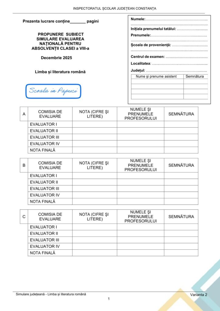 Simulare Evaluarea Națională 2026 - Limba și literatura română - Varianta 2 - 28 Ianuarie 2026 - ISJ Constanța 1
