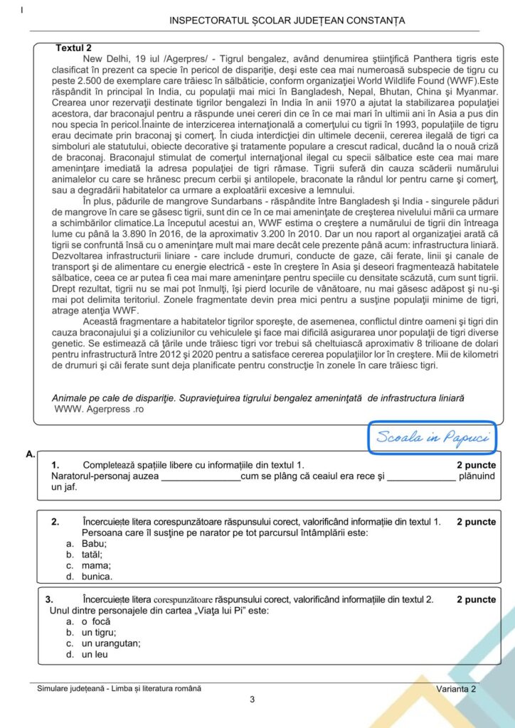 Simulare Evaluarea Națională 2026 - Limba și literatura română - Varianta 2 - 28 Ianuarie 2026 - ISJ Constanța 3