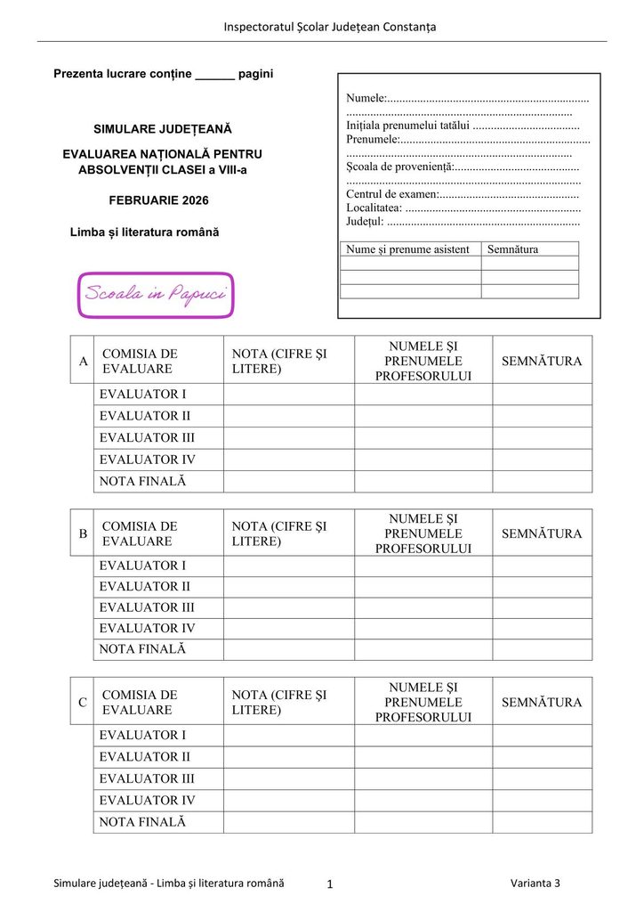 Simulare Evaluarea Națională 2026 - Limba și literatura română - Februarie 2026 - Varianta 3 - ISJ Constanța - P1