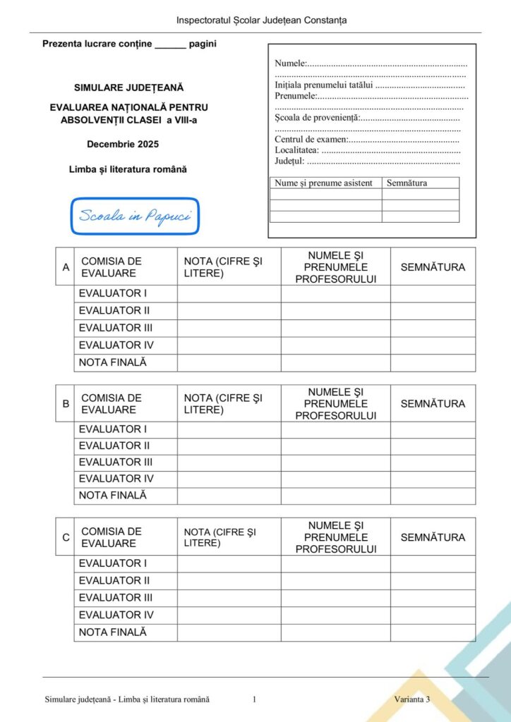 Simulare Evaluarea Națională 2026 - Limba și literatura română - Varianta 3 - 28 Ianuarie 2026 - ISJ Constanța 1
