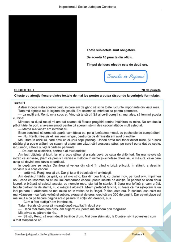 Simulare Evaluarea Națională 2026 - Limba și literatura română - Varianta 3 - 28 Ianuarie 2026 - ISJ Constanța 2