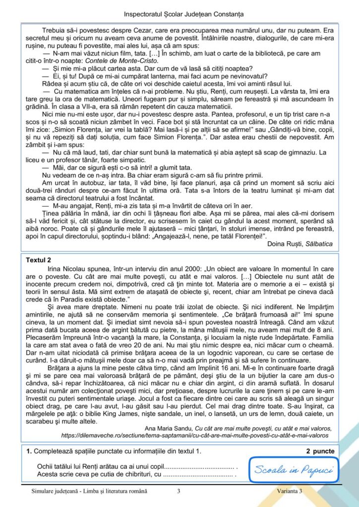 Simulare Evaluarea Națională 2026 - Limba și literatura română - Varianta 3 - 28 Ianuarie 2026 - ISJ Constanța 3