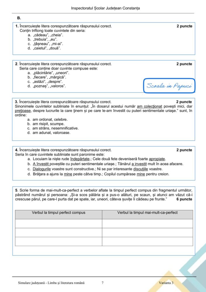 Simulare Evaluarea Națională 2026 - Limba și literatura română - Varianta 3 - 28 Ianuarie 2026 - ISJ Constanța 7