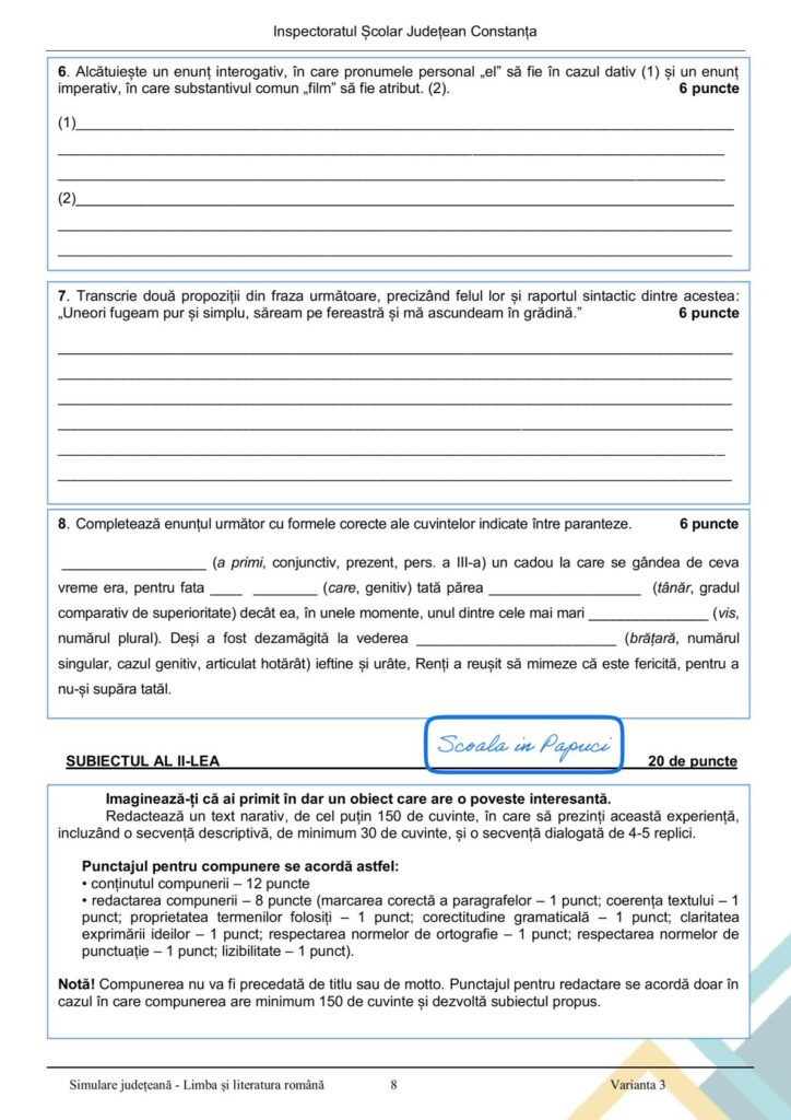 Simulare Evaluarea Națională 2026 - Limba și literatura română - Varianta 3 - 28 Ianuarie 2026 - ISJ Constanța 8
