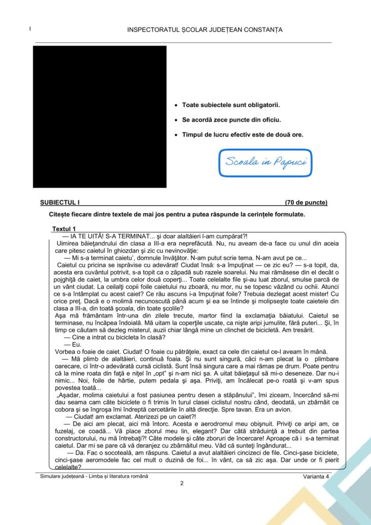Simulare Evaluarea Națională 2026 - Limba și literatura română - Varianta 41 - 28 Ianuarie 2026 - ISJ Constanța 2
