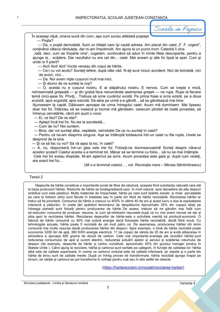 Simulare Evaluarea Națională 2026 - Limba și literatura română - Varianta 41 - 28 Ianuarie 2026 - ISJ Constanța 3