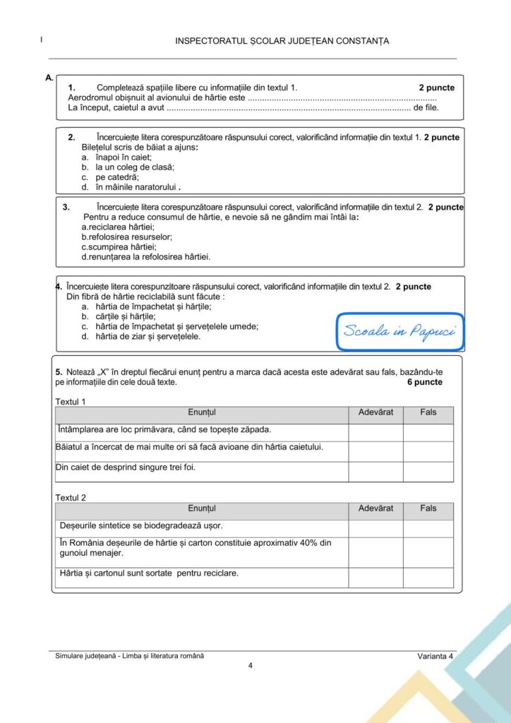 Simulare Evaluarea Națională 2026 - Limba și literatura română - Varianta 41 - 28 Ianuarie 2026 - ISJ Constanța 4