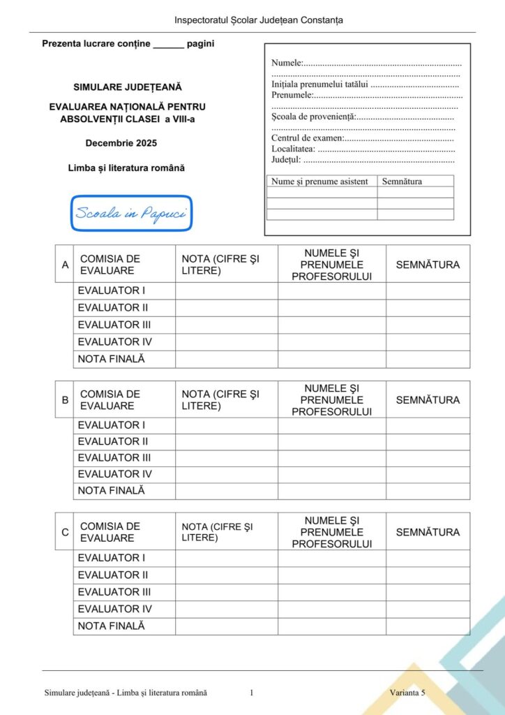 Simulare Evaluarea Națională 2026 - Limba și literatura română - Varianta 5 - 28 Ianuarie 2026 - ISJ Constanța 1