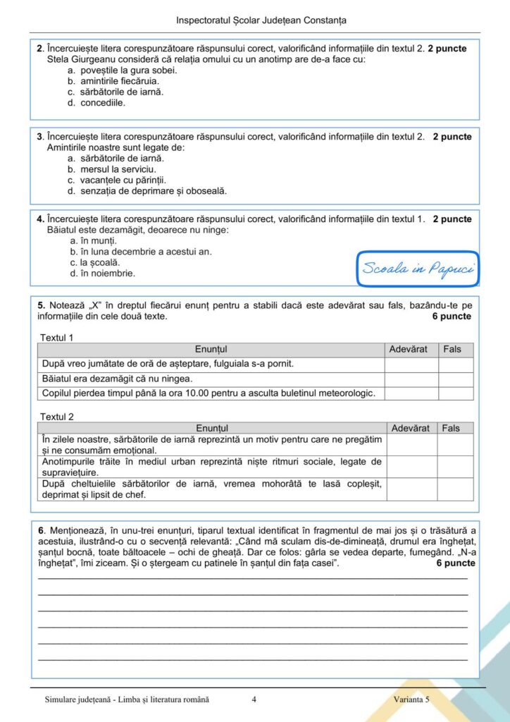 Simulare Evaluarea Națională 2026 - Limba și literatura română - Varianta 5 - 28 Ianuarie 2026 - ISJ Constanța 4