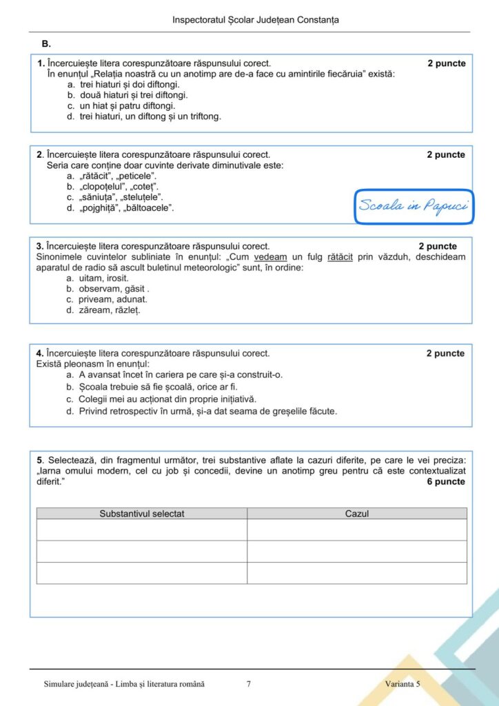 Simulare Evaluarea Națională 2026 - Limba și literatura română - Varianta 5 - 28 Ianuarie 2026 - ISJ Constanța 7