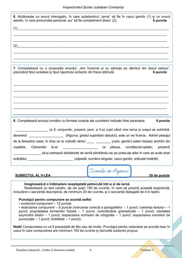 Simulare Evaluarea Națională 2026 - Limba și literatura română - Varianta 5 - 28 Ianuarie 2026 - ISJ Constanța 8