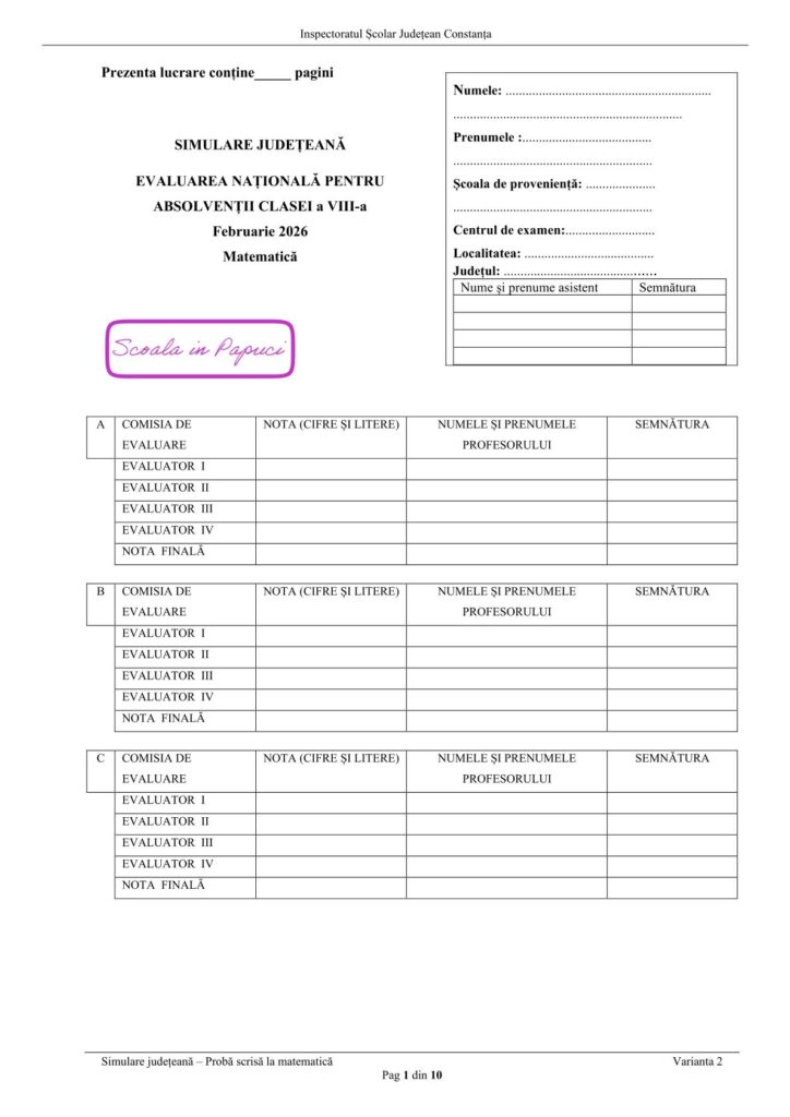 Simulare Evaluarea Națională 2026 - Matematică - 10 Februarie 2026 - ISJ Constanța P1