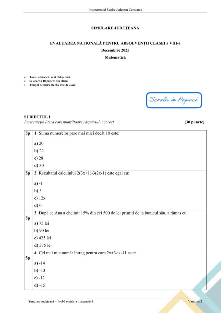 Simulare Evaluarea Națională 2026 - Matematică - Varianta 2 - 28 Ianuarie 2026 - ISJ Constanța 1