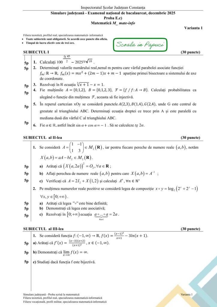 Subiect Simulare Bacalaureat 2026 - Matematică M_mate-info - Varianta 1 - 28 Ianuarie 2026 - ISJ Constanța 1