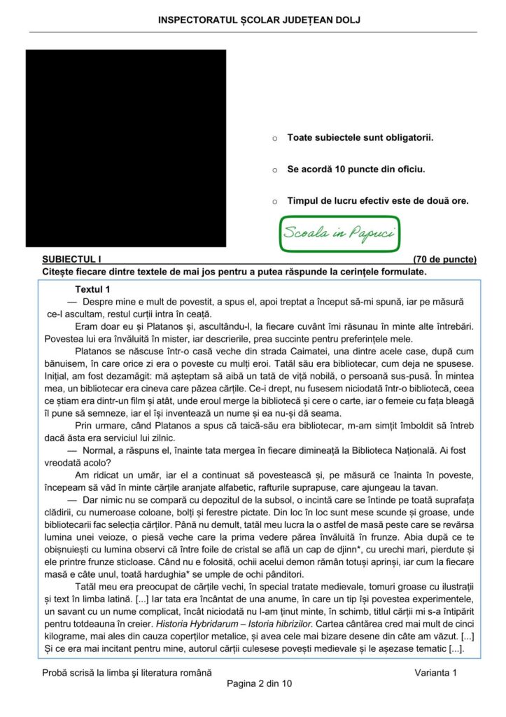 Simulare Evaluarea Națională 2026 - Limba și literatura română - 28 Ianuarie 2026 - ISJ Dolj 2
