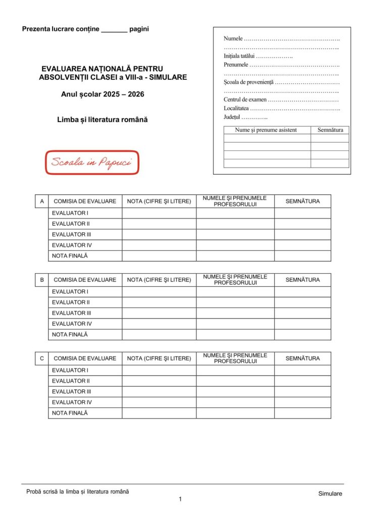 Test de antrenament - Limba și literatura română - Evaluarea națională 2026 - ISJ Iași 1