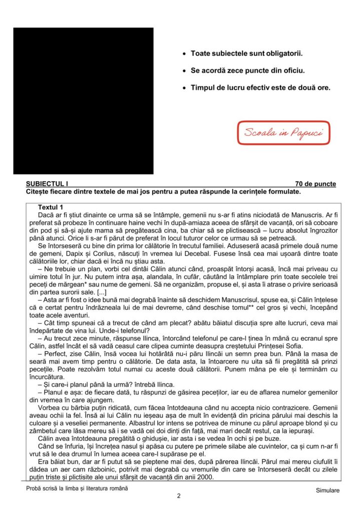 Test de antrenament - Limba și literatura română - Evaluarea națională 2026 - ISJ Iași 2