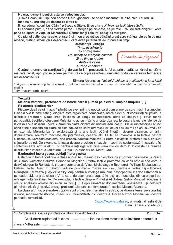 Test de antrenament - Limba și literatura română - Evaluarea națională 2026 - ISJ Iași 3