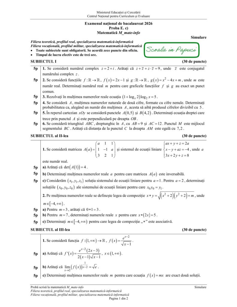 Simulare Bacalaureat 2026 - Matematică M_mate-info - 25 Martie 2026 P1