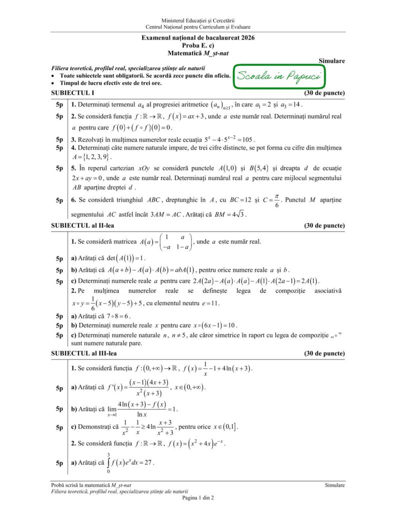 Simulare Bacalaureat 2026 - Matematică M_st-naturii - 25 Martie 2026 P1